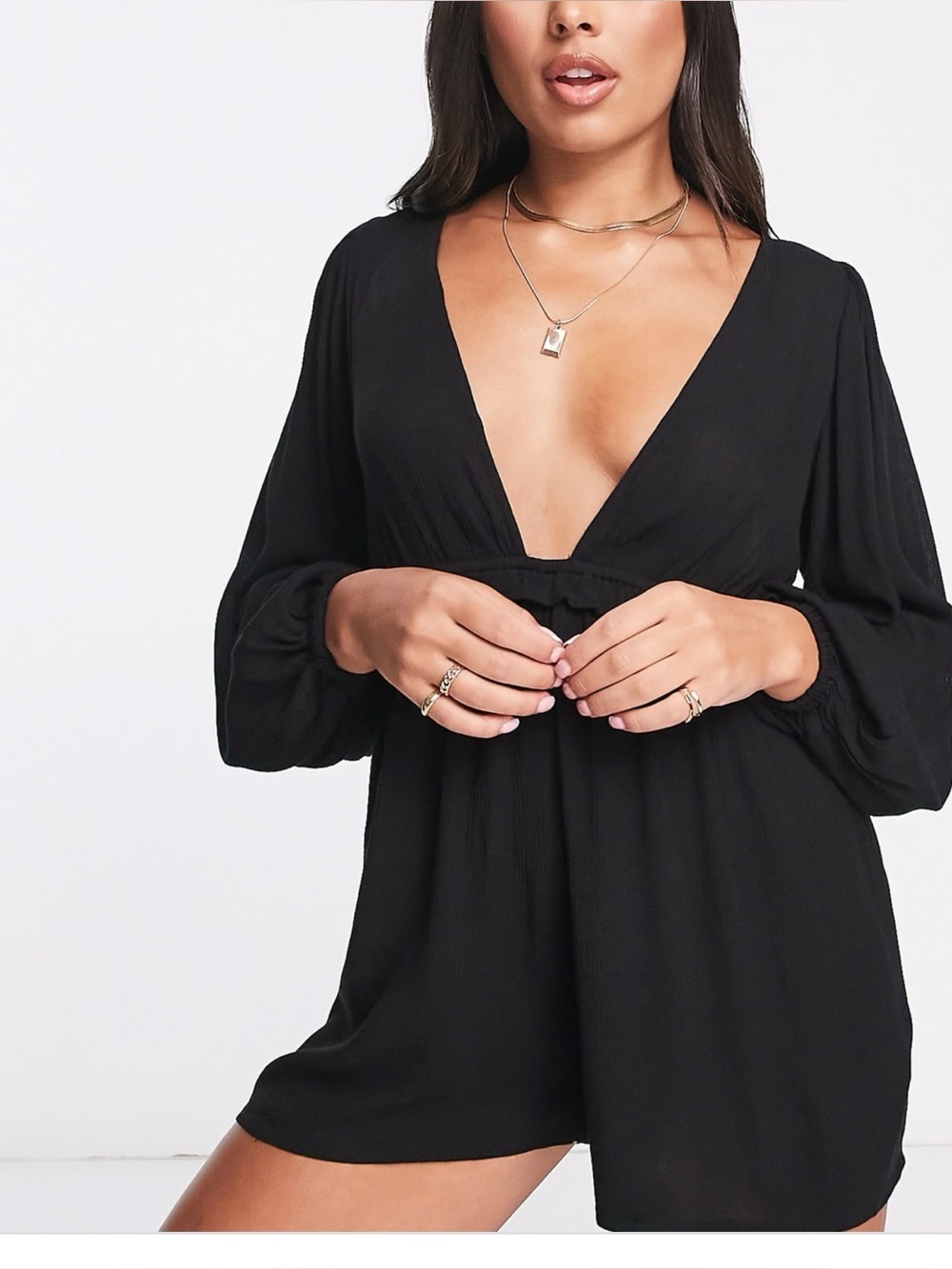 Asos Design Volume Sleeve Plunge Black Beach Romper Sz 10 Tall NWT - Picture 4 of 16